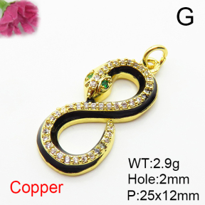 Brass Micro Pave Cubic Zirconia Pendants,with Enamel,Snake,Plated Gold,25x12mm,Hole:2mm,about 2.9g/pc,5 pcs/package,XFPC04940aajh-L035