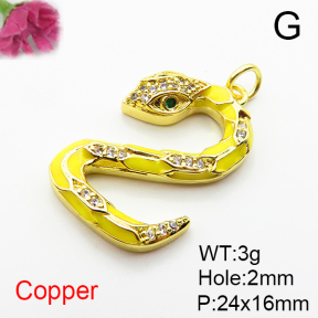 Brass Micro Pave Cubic Zirconia Pendants,with Enamel,Snake,Plated Gold,24x16mm,Hole:2mm,about 3g/pc,5 pcs/package,XFPC04946aaim-L035