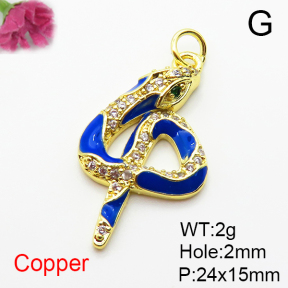 Brass Micro Pave Cubic Zirconia Pendants,with Enamel,Snake,Plated Gold,24x15mm,Hole:2mm,about 2g/pc,5 pcs/package,XFPC04955aaio-L035