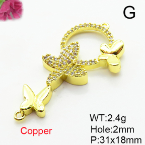 Brass Micro Pave Cubic Zirconia Links Connectors,Butterfly,Plated Gold,31x18mm,Hole:2mm,about 2.4g/pc,5 pcs/package,XFL02341aaji-L035