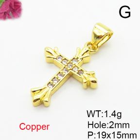 Brass Micro Pave Cubic Zirconia Pendants,Cross,for Easter,Plated Gold,19x15mm,Hole:2mm,about 1.4g/pc,5 pcs/package,XFPC04961vahk-L035