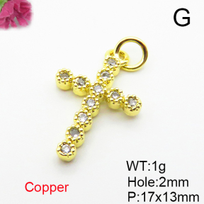 Brass Micro Pave Cubic Zirconia Pendants,Cross,for Easter,Plated Gold,17x13mm,Hole:2mm,about 1g/pc,5 pcs/package,XFPC04964vahk-L035