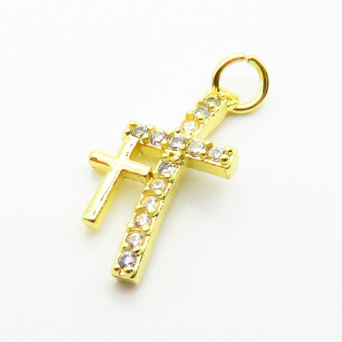 Brass Micro Pave Cubic Zirconia Pendants,Cross,for Easter,Plated Gold,18x11mm,Hole:2mm,about 1g/pc,5 pcs/package,XFPC04967vahk-L035
