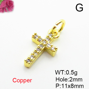 Brass Micro Pave Cubic Zirconia Pendants,Cross,for Easter,Plated Gold,11x8mm,Hole:2mm,about 0.5g/pc,5 pcs/package,XFPC04970aaha-L035