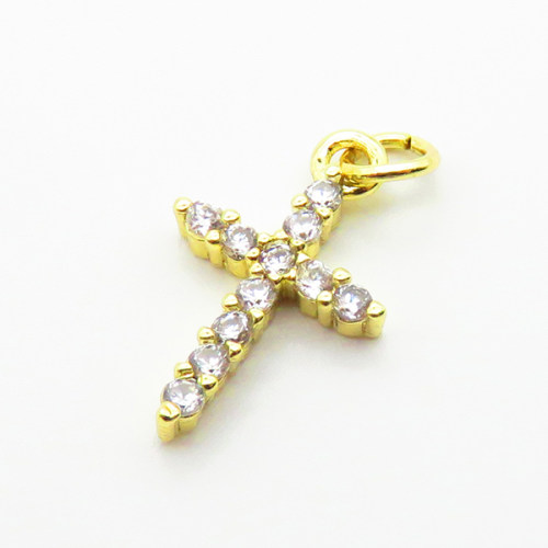 Brass Micro Pave Cubic Zirconia Pendants,Cross,for Easter,Plated Gold,16x12mm,Hole:2mm,about 0.8g/pc,5 pcs/package,XFPC04973vahk-L035