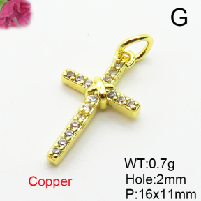 Brass Micro Pave Cubic Zirconia Pendants,Cross,for Easter,Plated Gold,16x11mm,Hole:2mm,about 0.7g/pc,5 pcs/package,XFPC04979vahk-L035