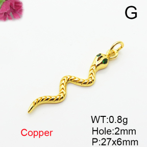 Brass Micro Pave Cubic Zirconia Pendants,Snake,Plated Gold,27x6mm,Hole:2mm,about 0.8g/pc,5 pcs/package,XFPC04988aahj-L035