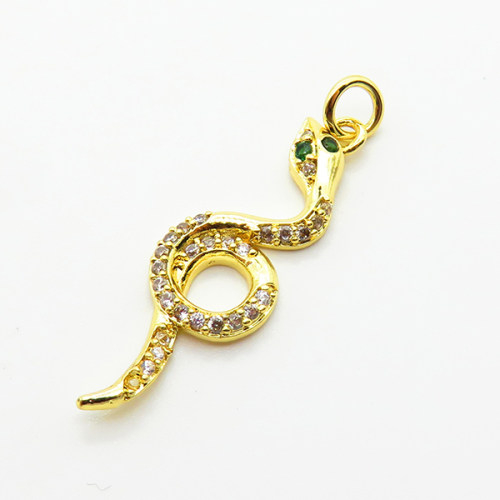 Brass Micro Pave Cubic Zirconia Pendants,Snake,Plated Gold,27x9mm,Hole:2mm,about 1.1g/pc,5 pcs/package,XFPC04991vaia-L035