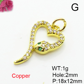 Brass Micro Pave Cubic Zirconia Pendants,Snake,Plated Gold,18x12mm,Hole:2mm,about 1g/pc,5 pcs/package,XFPC04994vaia-L035