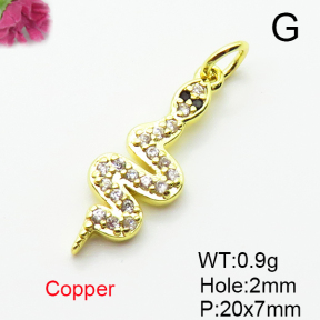 Brass Micro Pave Cubic Zirconia Pendants,Snake,Plated Gold,20x7mm,Hole:2mm,about 0.9g/pc,5 pcs/package,XFPC05000aahj-L035