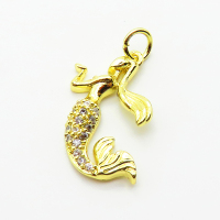 Brass Micro Pave Cubic Zirconia Pendants,Mermaid,Plated Gold,19x12mm,Hole:2mm,about 1.3g/pc,5 pcs/package,XFPC05006vahk-L035
