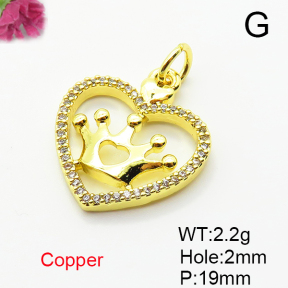 Brass Micro Pave Cubic Zirconia Pendants,Heart,Crown,Plated Gold,19mm,Hole:2mm,about 2.2g/pc,5 pcs/package,XFPC05018aaim-L035