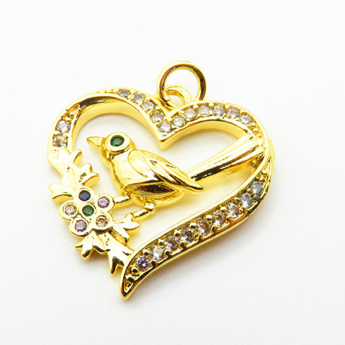 Brass Micro Pave Cubic Zirconia Pendants,Heart，Bird,Plated Gold,20mm,Hole:2mm,about 2.4g/pc,5 pcs/package,XFPC05030vail-L035
