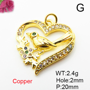 Brass Micro Pave Cubic Zirconia Pendants,Heart，Bird,Plated Gold,20mm,Hole:2mm,about 2.4g/pc,5 pcs/package,XFPC05030vail-L035