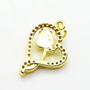 Brass Micro Pave Cubic Zirconia Pendants,Heart，Flower,Plated Gold,20x16mm,Hole:2mm,about 2.5g/pc,5 pcs/package,XFPC05036aaho-L035