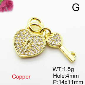 Brass Micro Pave Cubic Zirconia Pendants,Lock,Key,Plated Gold,14x11mm,Hole:4mm,about 1.5g/pc,5 pcs/package,XFPC05048avja-L035