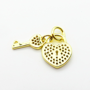 Brass Micro Pave Cubic Zirconia Pendants,Lock,Key,Plated Gold,14x11mm,Hole:4mm,about 1.5g/pc,5 pcs/package,XFPC05048avja-L035