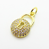 Brass Micro Pave Cubic Zirconia Pendants,Lock,Plated Gold,14x10mm,Hole:2mm,about 0.9g/pc,5 pcs/package,XFPC05051aaih-L035