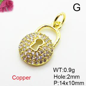 Brass Micro Pave Cubic Zirconia Pendants,Lock,Plated Gold,14x10mm,Hole:2mm,about 0.9g/pc,5 pcs/package,XFPC05051aaih-L035