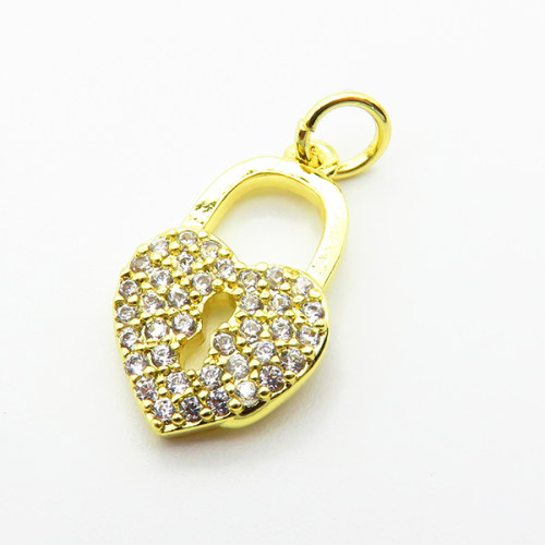 Brass Micro Pave Cubic Zirconia Pendants,Lock,Plated Gold,16x11mm,Hole:2mm,about 1.2g/pc,5 pcs/package,XFPC05054aaho-L035
