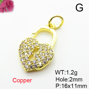 Brass Micro Pave Cubic Zirconia Pendants,Lock,Plated Gold,16x11mm,Hole:2mm,about 1.2g/pc,5 pcs/package,XFPC05054aaho-L035