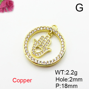 Brass Micro Pave Cubic Zirconia Pendants,Round,Hamsa Hand/Hand of Fatima/Hand of Miriam,Plated Gold,18mm,Hole:2mm,about 2.2g/pc,5 pcs/package,XFPC05057aaji-L035