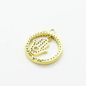 Brass Micro Pave Cubic Zirconia Pendants,Round,Hamsa Hand/Hand of Fatima/Hand of Miriam,Plated Gold,18mm,Hole:2mm,about 2.2g/pc,5 pcs/package,XFPC05057aaji-L035
