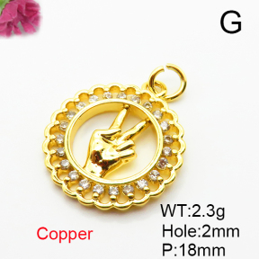 Brass Micro Pave Cubic Zirconia Pendants,Round,Hand,Plated Gold,18mm,Hole:2mm,about 2.3g/pc,5 pcs/package,XFPC05060aaho-L035