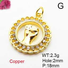 Brass Micro Pave Cubic Zirconia Pendants,Round,Hand,Plated Gold,18mm,Hole:2mm,about 2.3g/pc,5 pcs/package,XFPC05066aaho-L035