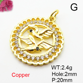 Brass Micro Pave Cubic Zirconia Pendants,Round,Bird,Plated Gold,20mm,Hole:2mm,about 2.4g/pc,5 pcs/package,XFPC05069aaik-L035