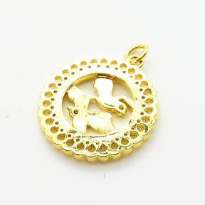 Brass Micro Pave Cubic Zirconia Pendants,Round,Bird,Plated Gold,20mm,Hole:2mm,about 2.4g/pc,5 pcs/package,XFPC05069aaik-L035