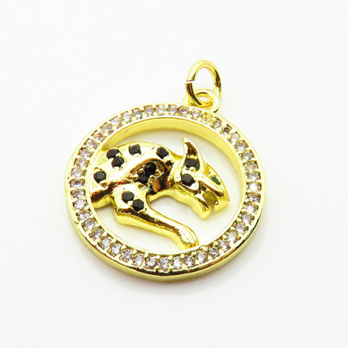 Brass Micro Pave Cubic Zirconia Pendants,Round,Cheetah,Plated Gold,18mm,Hole:2mm,about 2.5g/pc,5 pcs/package,XFPC05072avja-L035