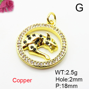 Brass Micro Pave Cubic Zirconia Pendants,Round,Cheetah,Plated Gold,18mm,Hole:2mm,about 2.5g/pc,5 pcs/package,XFPC05072avja-L035