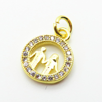 Brass Micro Pave Cubic Zirconia Pendants,Round,People,Plated Gold,11mm,Hole:2mm,about 0.7g/pc,5 pcs/package,XFPC05075aahn-L035