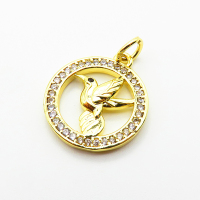 Brass Micro Pave Cubic Zirconia Pendants,Round,Bird,Plated Gold,15mm,Hole:2mm,about 1.6g/pc,5 pcs/package,XFPC05090vaia-L035