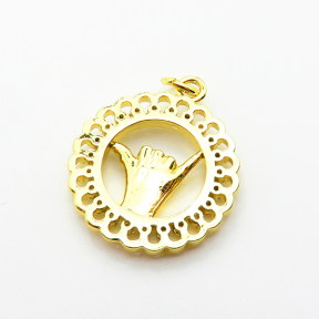 Brass Micro Pave Cubic Zirconia Pendants,Round,Hand,Plated Gold,18mm,Hole:2mm,about 2.2g/pc,5 pcs/package,XFPC05096aaho-L035