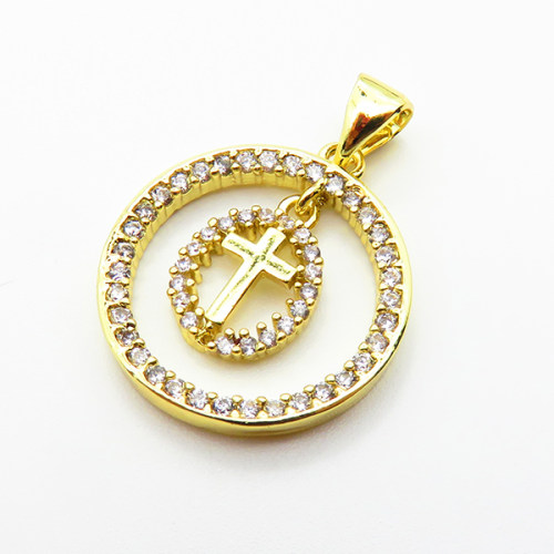 Brass Micro Pave Cubic Zirconia Pendants,Round,Cross,Plated Gold,18mm,Hole:2mm,about 2g/pc,5 pcs/package,XFPC05099aaio-L035