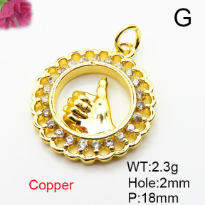 Brass Micro Pave Cubic Zirconia Pendants,Round,Hand,Plated Gold,18mm,Hole:2mm,about 2.3g/pc,5 pcs/package,XFPC05111aaho-L035