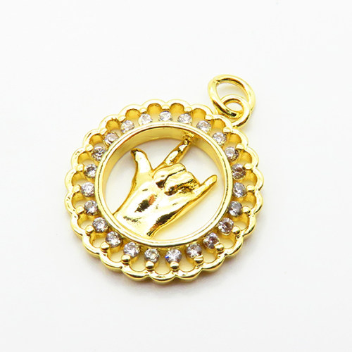 Brass Micro Pave Cubic Zirconia Pendants,Round,Hand,Plated Gold,18mm,Hole:2mm,about 2.1g/pc,5 pcs/package,XFPC05114aaho-L035