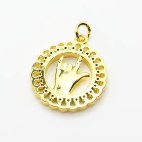 Brass Micro Pave Cubic Zirconia Pendants,Round,Hand,Plated Gold,18mm,Hole:2mm,about 2.1g/pc,5 pcs/package,XFPC05114aaho-L035