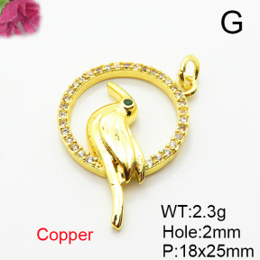 Brass Micro Pave Cubic Zirconia Pendants,Round,Bird,Plated Gold,18x25mm,Hole:2mm,about 2.3g/pc,5 pcs/package,XFPC05117vail-L035