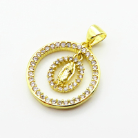 Brass Micro Pave Cubic Zirconia Pendants,Round,Jesus,Plated Gold,18mm,Hole:2mm,about 2.1g/pc,5 pcs/package,XFPC05120aaio-L035