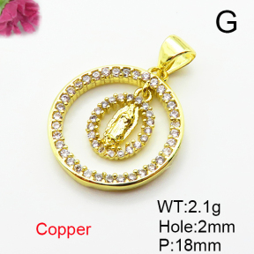 Brass Micro Pave Cubic Zirconia Pendants,Round,Jesus,Plated Gold,18mm,Hole:2mm,about 2.1g/pc,5 pcs/package,XFPC05120aaio-L035