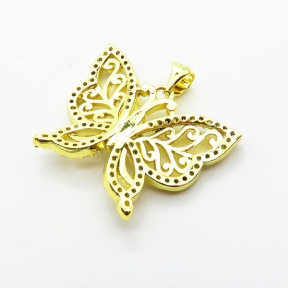 Brass Micro Pave Cubic Zirconia Pendants,Butterfly,Plated Gold,21x25mm,Hole:2mm,about 3.4g/pc,5 pcs/package,XFPC05129vajj-L035