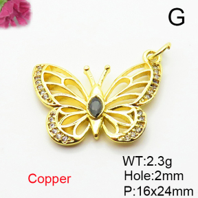 Brass Micro Pave Cubic Zirconia Pendants,Butterfly,Plated Gold,16x24mm,Hole:2mm,about 2.3g/pc,5 pcs/package,XFPC05135vail-L035