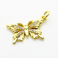 Brass Micro Pave Cubic Zirconia Pendants,Butterfly,Plated Gold,11x18mm,Hole:2mm,about 1.5g/pc,5 pcs/package,XFPC05138aahm-L035