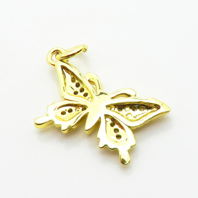 Brass Micro Pave Cubic Zirconia Pendants,Butterfly,Plated Gold,11x18mm,Hole:2mm,about 1.5g/pc,5 pcs/package,XFPC05138aahm-L035