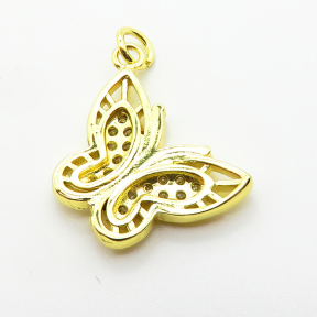 Brass Micro Pave Cubic Zirconia Pendants,Butterfly,Plated Gold,14x18mm,Hole:2mm,about 2.2g/pc,5 pcs/package,XFPC05144aahm-L035