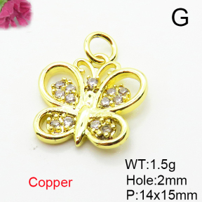 Brass Micro Pave Cubic Zirconia Pendants,Butterfly,Plated Gold,14x15mm,Hole:2mm,about 1.5g/pc,5 pcs/package,XFPC05147aahp-L035