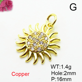 Brass Micro Pave Cubic Zirconia Pendants,Sun,Plated Gold,16mm,Hole:2mm,about 1.4g/pc,5 pcs/package,XFPC05156aahl-L035